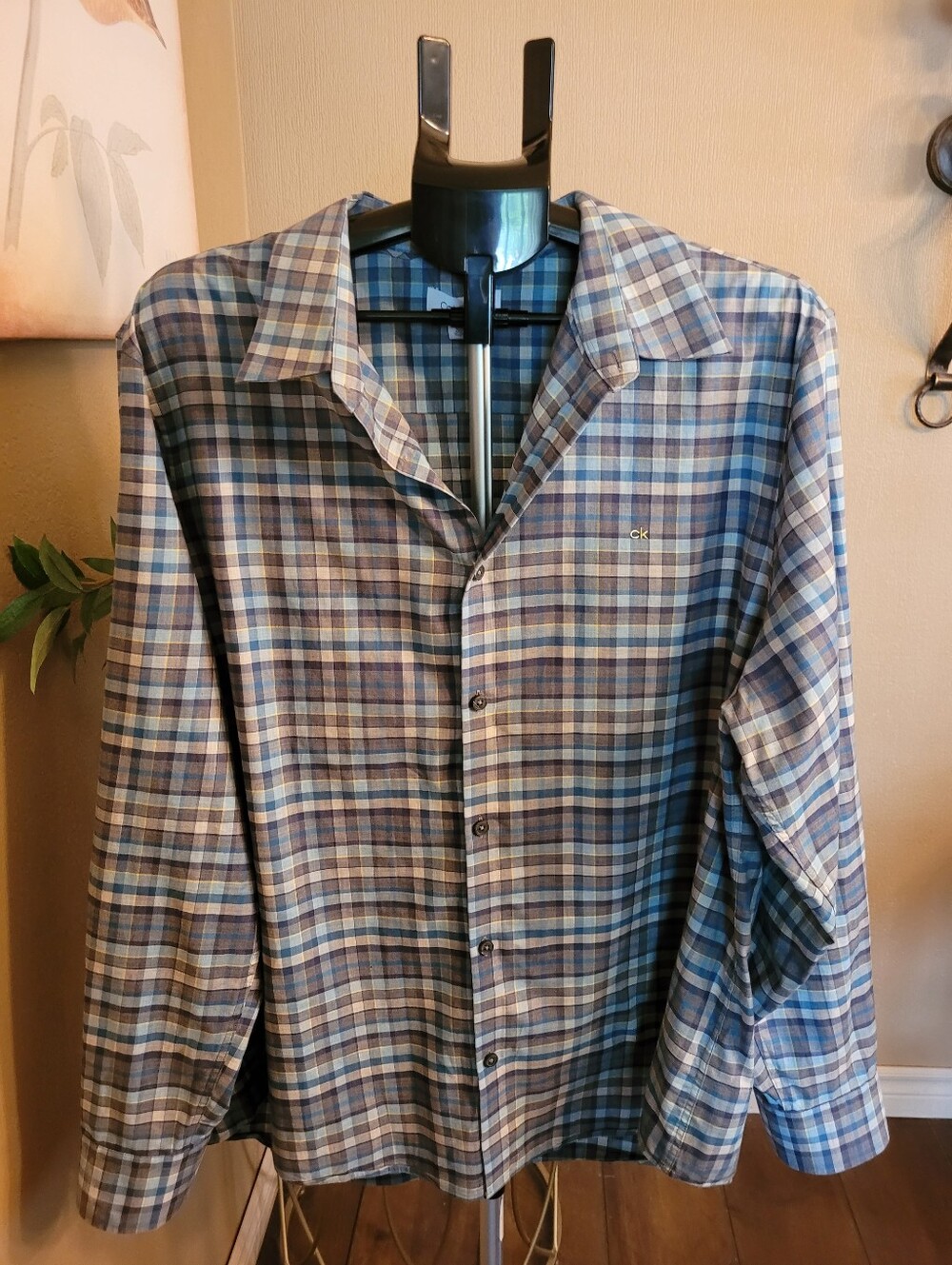 CK Men’s Blue Grey Plaid Button-Up Shirt
